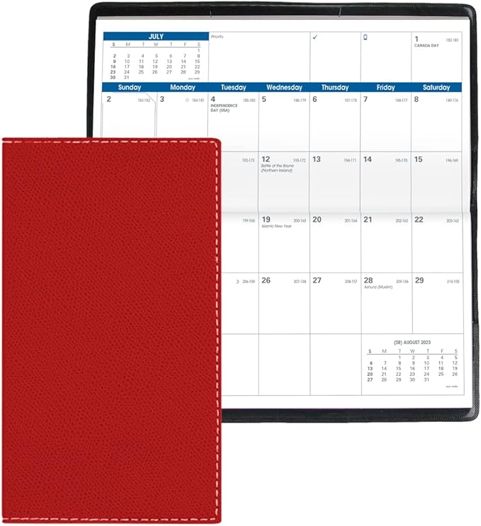Quo Vadis 2024 Visoplan - Monthly Planner - 12 Months, Jan. to Dec. - 6 3/4 x 3 1/2" - Grained Faux Leather Club Red - Pocket Calendar Organizer