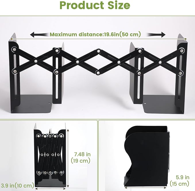 2PCS Heavy Duty Metal Bookends, Adjustable Book Organizer for Shelves & Desk with Non-Slip Pads, 3 Compartments, Extends up to 19 inches, Office & Home Use (Black)