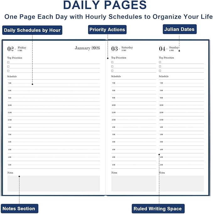 2026 Daily & Monthly Planner - 2026 Daily Planner One Page Per Day from January 2026 to December 2026, 5.8" x 8.3" Hourly Appointment Book Perfect Organizer Daily Life, Fabric Cover, Blue
