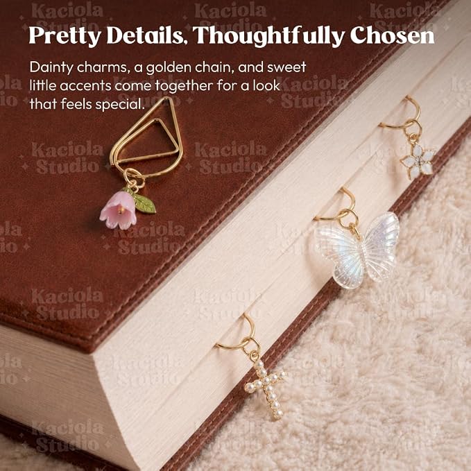 Kaciola Bible Charms Chain with 4PCS Planner Charms for Bible Study, Book Spine Bookmark, Journal Accessory, Unique Faith Jewelry Gift for Women (SJ-07)
