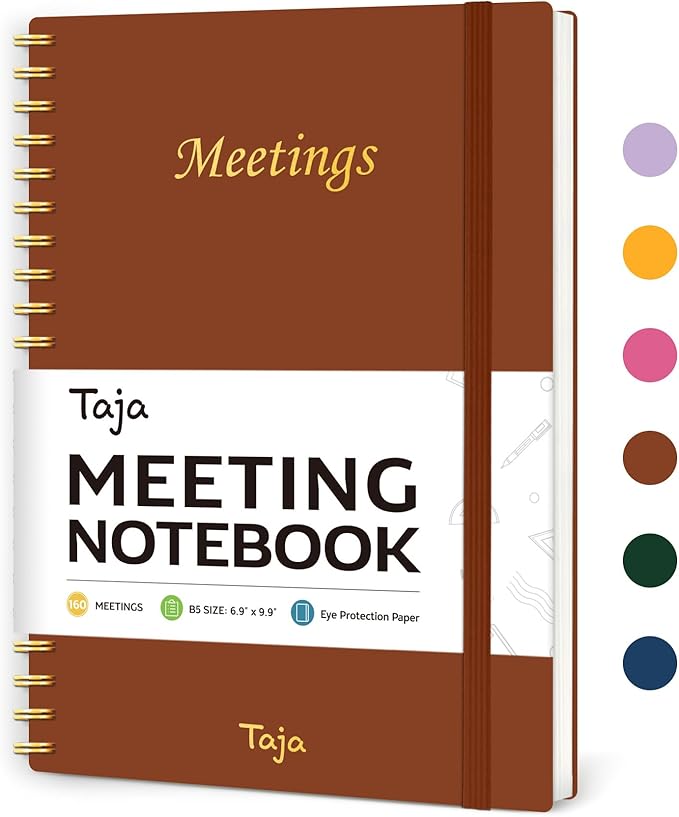 Taja Meeting Notebook for Work Organization - Work Planner Notebook with Action Items, Agenda Planner for Note Taking, 160 Pages (6.9" X 9.9") Project Organizer for Men & Women - Rust Brown