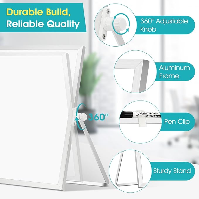 Dry Erase White Board, WALGLASS 16" x 12" Small Desktop Whiteboard with Stand, Double-Sided Magnetic Whiteboard, Portable Dry Erase Board for Kids Drawing, Study, Home, Office, School