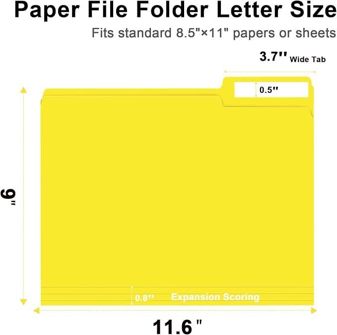 RAZCC File Folders, 100-Pack, 1/3 Cut, Letter Size, Yellow, Great for Organizing and Easy File Storage