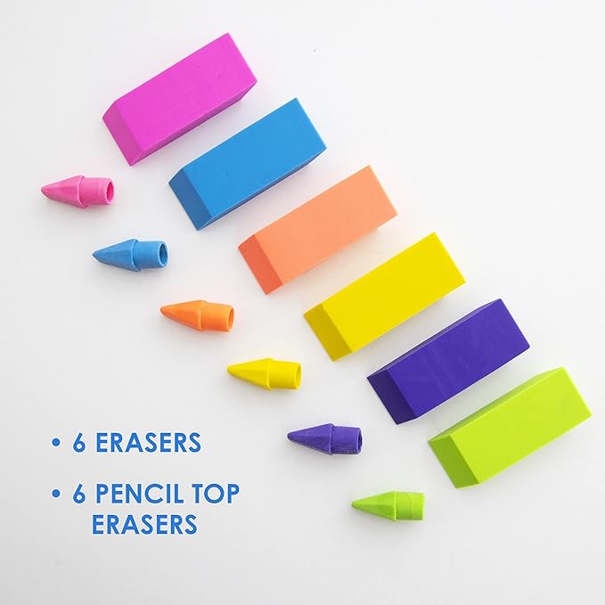BAZIC Products Erasers + Pencil Top Erasers Set (12/Pack), Block Bevel Erasers Neon Color, Arrowhead Caps Tops, Latex Free, for Art Drawing School, 1-Pack