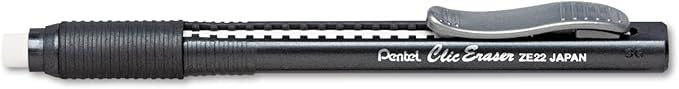 Pentel Clic Eraser, Retractable, Pocket Clip, Rubber Grip, Black Barrel (PENZE22A)