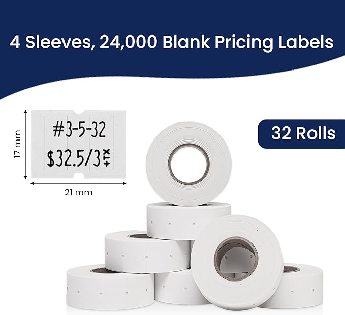Perco 2 Line White Labels - 32 Rolls, 4 Sleeves, 24,000 Blank Price and Date Gun Labels for Perco 2 Line Price and Date Guns - Made in USA