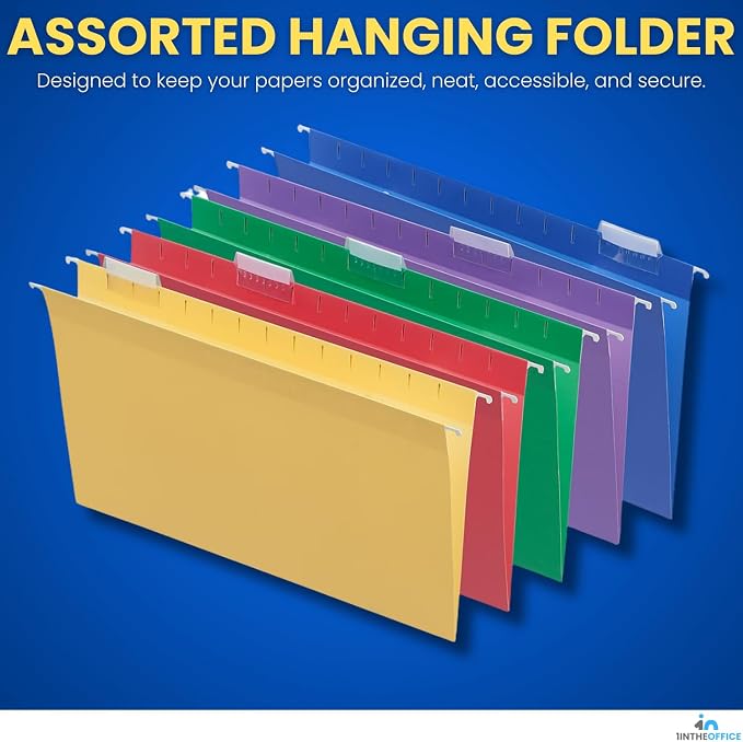 1InTheOffice Legal Size Hanging File Folders, File Folders Hanging with Tabs, Colored Hanging File Folders, 5 1/5 Cut Tab, Reinforced, Assorted Color, 25 Pack