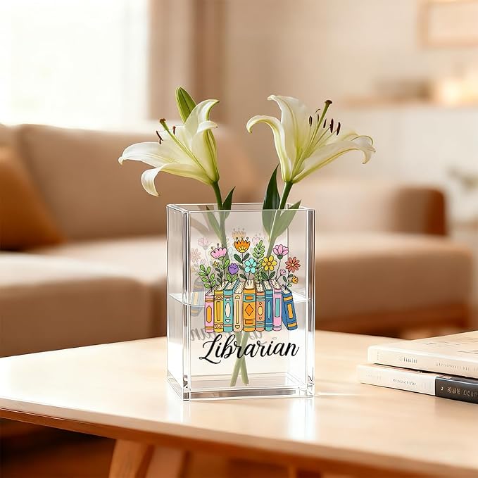 Librarian Acrylic Pen Holder Cosmetic Organizer, Funny Pencil Pen Holder for Desk, Reading Nook Accessories for Library Lover Teacher, Librarian Day Appreciation Birthday Back To School Gifts