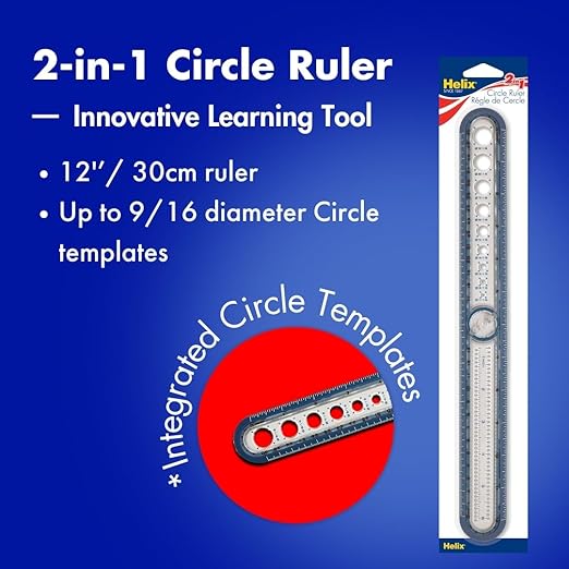Maped - Helix 2-in-1 Ruler with Integrated Circle Templates 12 Inch/30cm - Draw Circles up to 12" Diameter, 12" & 30cm Graduations, Kid-Friendly Design