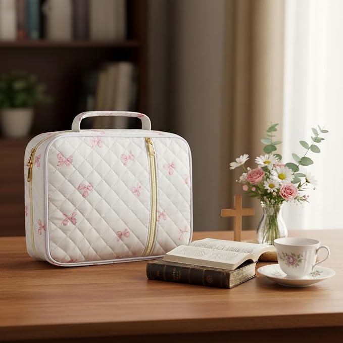 Bible Cover Case for Women,Bible Tote Bag Large Quilted Bible Cover with Durable Handle Carrying Case for Girls Bible Study Supplies Accessories,Christmas Christian Gifts for Women (Pink Butterfly)