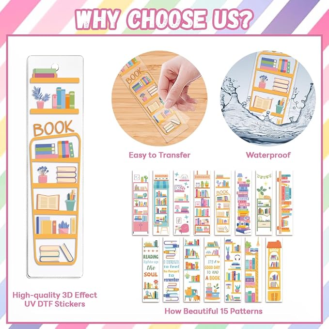 Peacoblue 30pcs UV DTF Bookmarks Transfer Stickers Wraps Candy Color Bookshelf for Women Men Reading, Waterproof Bookmarkers Decal(No Blank Bookmarks) for Acrylic Plastic Metal Blank Bookmark