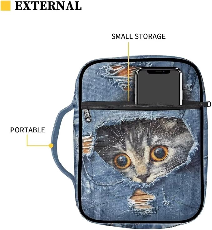 Coldinair Denim Cat Bible Cover Case for Women Men,Carrying Book Cover Bible Holders with Handle and Zippered Pocket,Fits for Standard/Large Size Bible