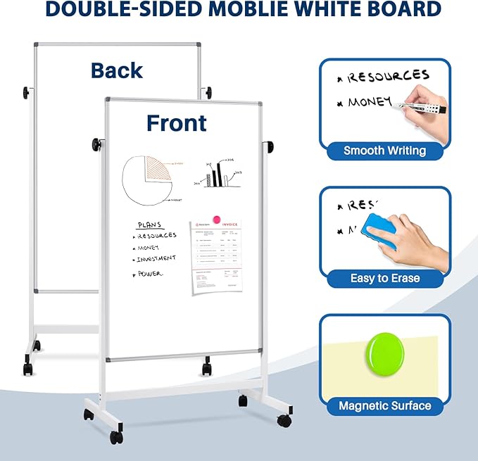 Rolling Whiteboard, 40" x 24" Magnetic Mobile White Board on Wheels, Double Sided, Height Adjustable Aluminum Frame Dry Erase Board with Stand for Office, Home, Classroom
