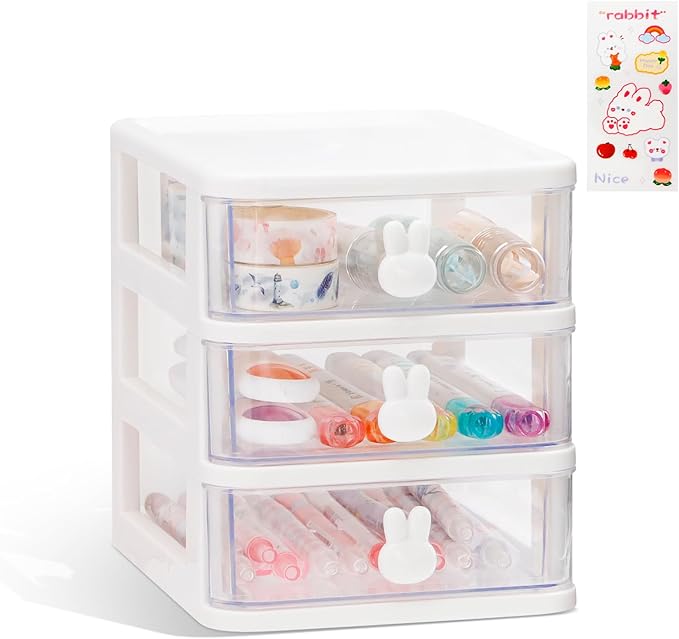 Desk Organizer with Drawer, Stackable Makeup Organizer White, Small Plastic Storage Box for Desktop, Bathroom Counter or Dresser, School, Home, Office (3 Tier)