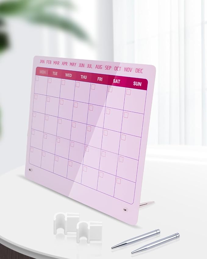 UCEC Pink Desk Calendar, 12"x10" Reusable Calendar to Do List with Stand and Pen Clip, Monthly Planning White Board for Desk, Pink Dry Erase Board for Home Office & School Organization