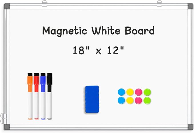 Double-Sided Magnetic Whiteboard, 18" x 12" Dry Erase Board Aluminum Frame for Wall, White Board Marker Board for Kitchen, Memo, School, Home, Office