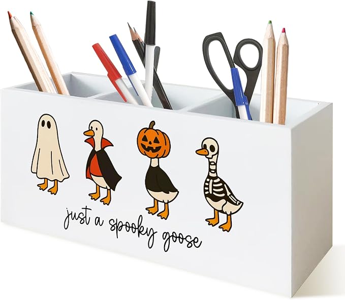 Halloween Gothic Goose Pen Holder for Desk, Spooky Funny Goose Wooden Box Sign Desk Decor for Home Office Decoration, Humorous Silly Geese Pencil Organizer, Gothic Halloween Decor