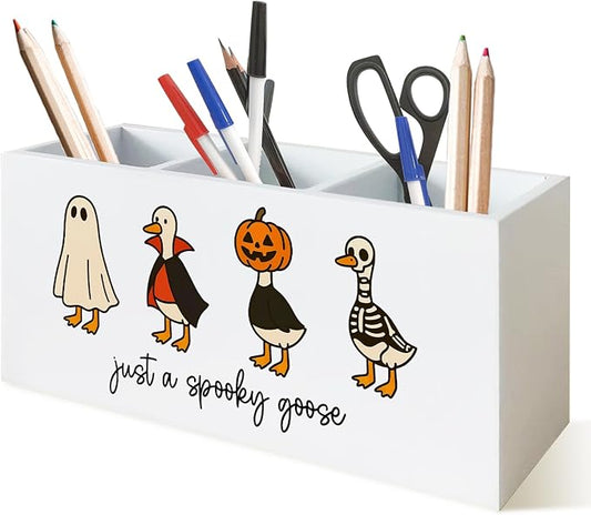 Halloween Gothic Goose Pen Holder for Desk, Spooky Funny Goose Wooden Box Sign Desk Decor for Home Office Decoration, Humorous Silly Geese Pencil Organizer, Gothic Halloween Decor