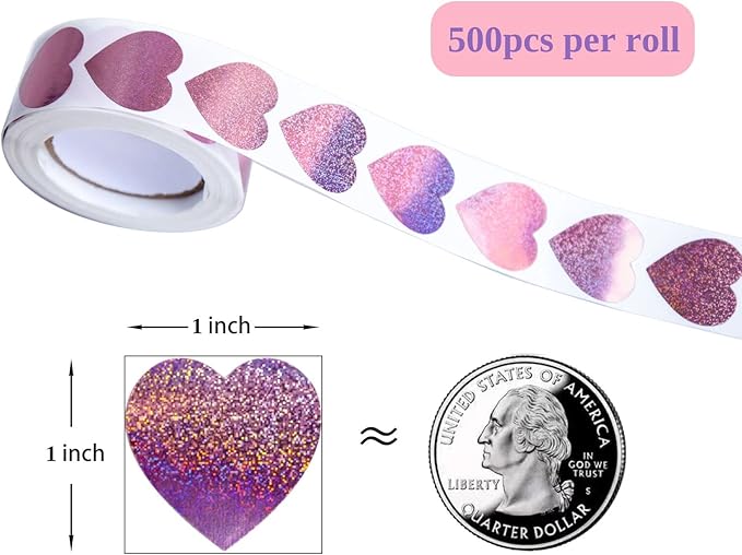500Pcs Heart Stickers, 1 Inch Glitter Small Heart Shaped Sticker, Love Stickers for Valentines Day/Mothers' Day/Wedding, Decorations for Envelops Gift Wraps, Offices, Teachers & Classrooms