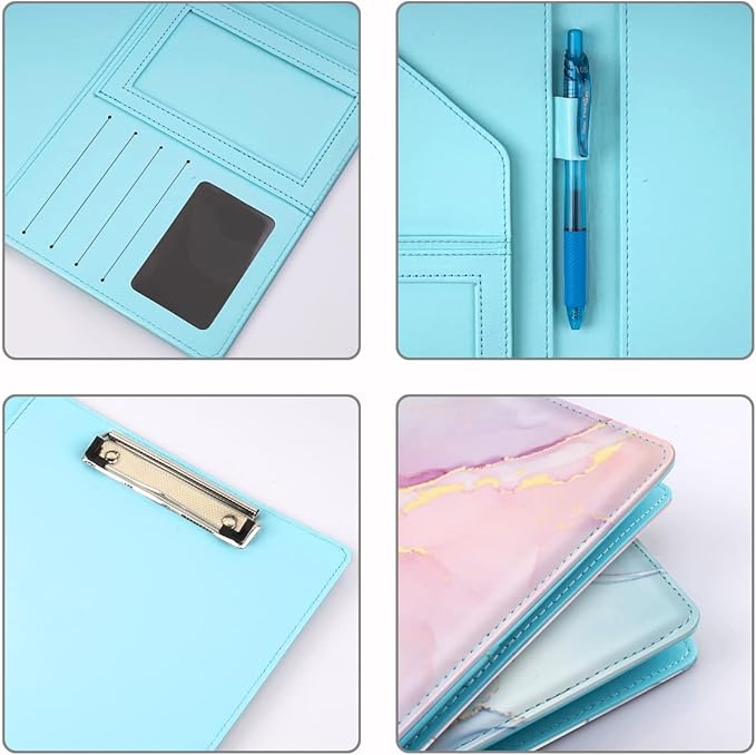 WAVEYU Padfolio Clipboard Folder Portfolio, Marble Leather Storage Clipboard with Cover for Legal Pad Holder Letter Size A4 Writing Pad for Conference Organizer Document Sleeve, Colorful Marble