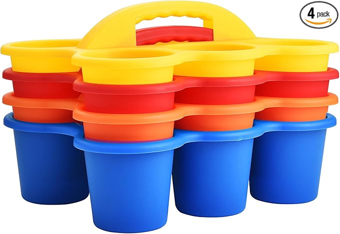 4 Pack Classroom Caddy Storage Basket with Handle, Plastic Drink Cup Caddy Holder, 6 Compartments for Kids, Table, Office, Arts, Crafts, Crayon, Marker, Pencil, School Supplies - Assorted Colors