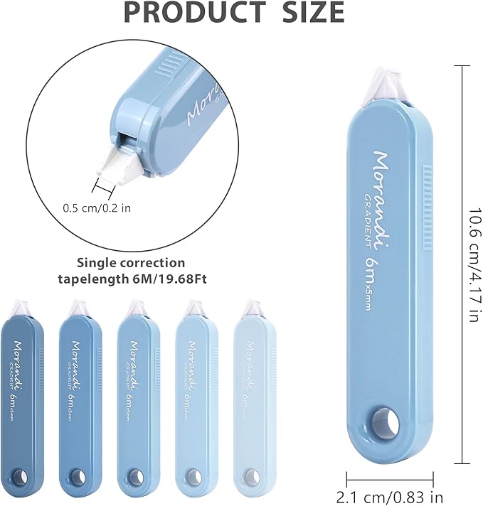 5-Piece Correction Tapes, Aesthetic Cute White Pull Out Tape, Quick Dry, Instant Correct, Easy to Use for School Office Supplies (Blue)