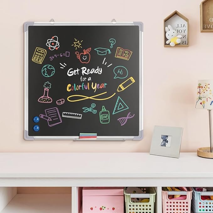 Chalkboard Set - 24 x 24 in Black Board with 1 Magnetic Chalk Eraser, 14 Chalk Sticks (7 Colors) and 4 Magnets - Large Message Wall Hanging Blackboard with Sturdy Frame for Home Office and Kitchen