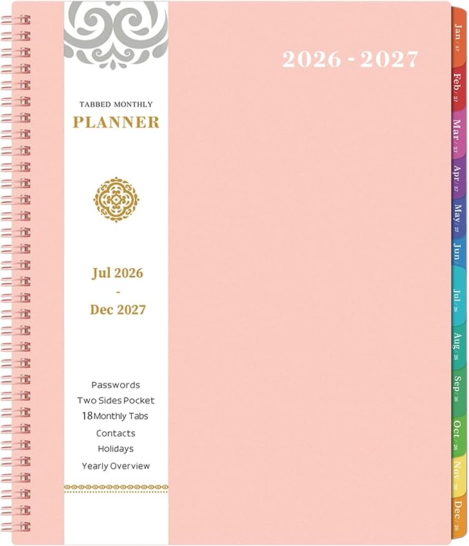 2026-2027 Monthly Planner - Planner 2026-2027, Monthly Calendar 26-27, Jul. 2026 - Dec. 2027, 9" x 11", 18 Month with Tabs & Pocket, Flexible Cover, Twin-Wire Binding, Thick Paper - Pink