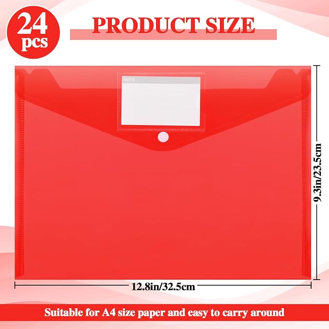 Lincia Plastic Envelopes A4 Size Poly Envelopes File Folders Work Document Holder Office Paper Plastic File Organizer with Label Pocket Snap Button Home Bag for School(Clear Red,24 Pcs)