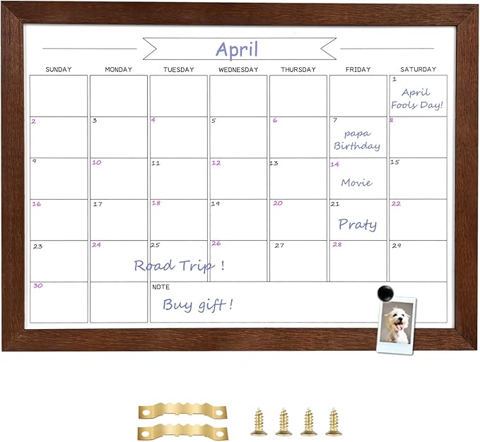 Dry Erase Monthly Calendar Whiteboard, Magnetic White Board for Wall, Office/School/Home, Solid Pine Wood Walnut Brown Frame Hanging Board 10.6"x 14.6"(YL-WB-2737-B)