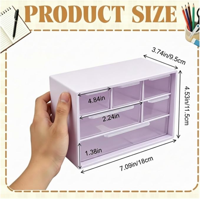 Briwooody 6 Pack Desk Storage Organizer with 6 Drawers 3 Tier Stackable Desktop Storage Box Drawers 7.1''x3.9''x4.7 ''plastic Craft Organizer Drawer for Stationery Makeup Office School(Purple)