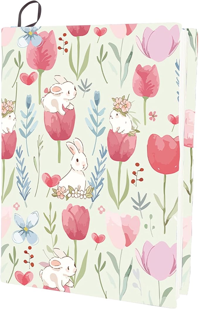 CRASPIRE Flower Stretchable Book Cover Tulip Bunny Pink Washable Reusable Large Nylon Cloth Polyester Book Protector Elastic Notebook Wraps Suitable for Most Hardcover Books