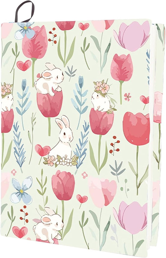 CRASPIRE Flower Stretchable Book Cover Tulip Bunny Pink Washable Reusable Large Nylon Cloth Polyester Book Protector Elastic Notebook Wraps Suitable for Most Hardcover Books