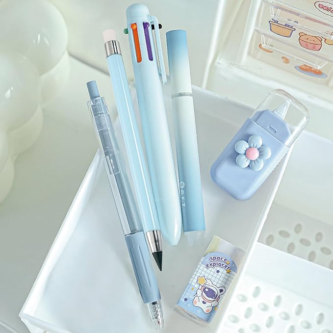 MOZXIRZ 6 Pcs Cute Blue Stationery Set for Women Back to School Supplies Office Supplies Including Gel Ink Pens 6-in-1 Ballpoint Pens Pencil Eraser (Blue)