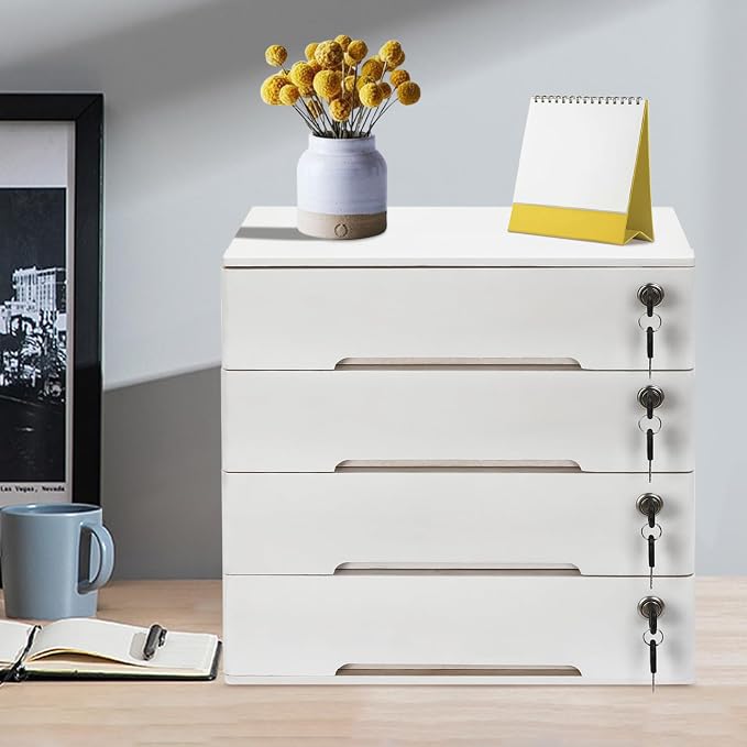 Wooden Desktop Storage Box with Lockable Drawers, Flat File Cabinet Drawer Desktop Storage Box, Countertop Storage Cabinet for Office Home Toiletries Supplies Vanity (White, 4 Drawer)