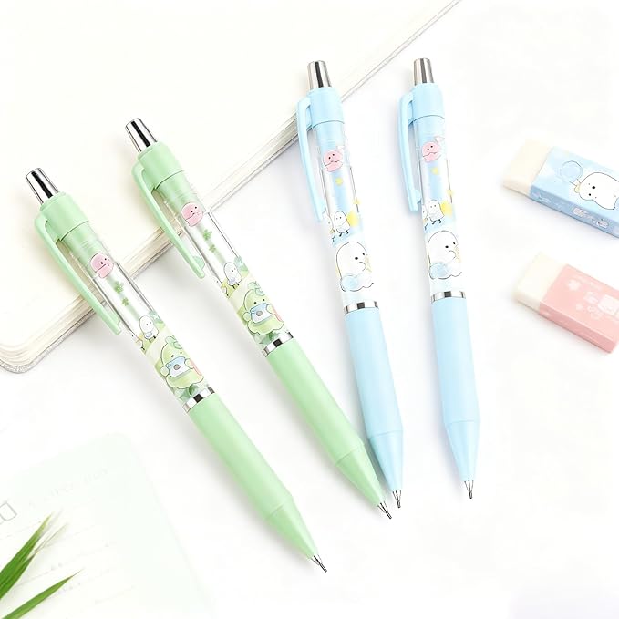 4Pcs Cute Green Mechanical Pencils with Eraser 0.5mm&0.7mm Kawaii Cartoon Mechanical Pencil School Pencil for School Office Writing Draft Drawing