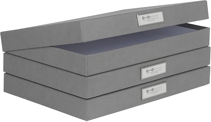 Bigso Sven Fiberboard Classic Hinged Document Box - File Organizer for Important Paperwork - Document Storage Box with Hinged Lid & Label Window - 1.8 in x 13.2 in x 9.3 in - 3 Pack - Grey