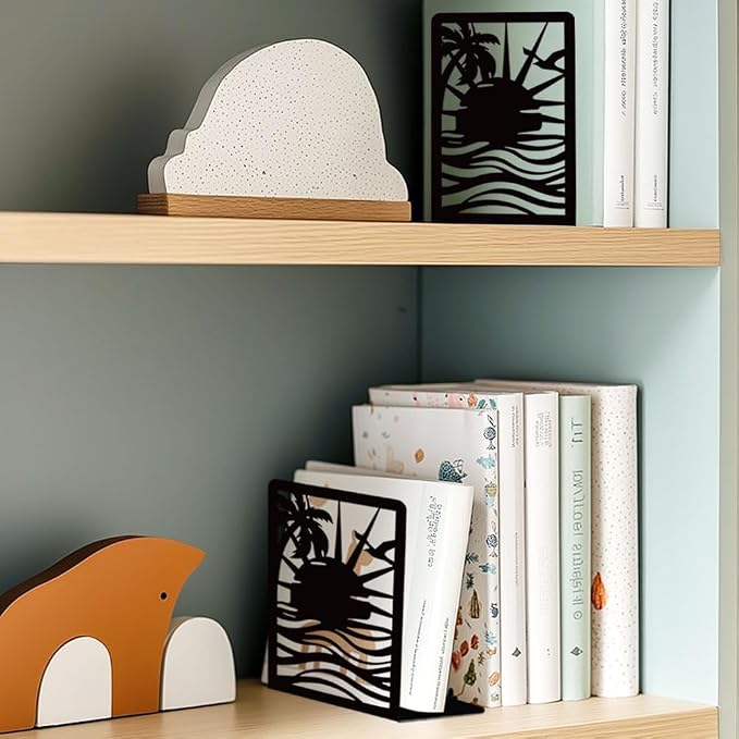 Sunrise Book Shelf Decorative Bookends for Shelves, Book Ends for Heavy Books, Black Beach Metal Bookends for Desk Organizer, Office Library Decor Decorative Books for Home Decor