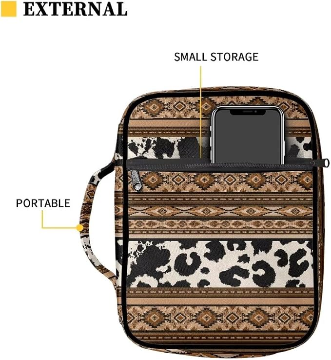 Coldinair Tribal Aztec Bible Covers for Women Men,Native Geometric Carrying Book Bible Case Cow Print Church Bag Bible Protective with Handle & Zippered Pocket