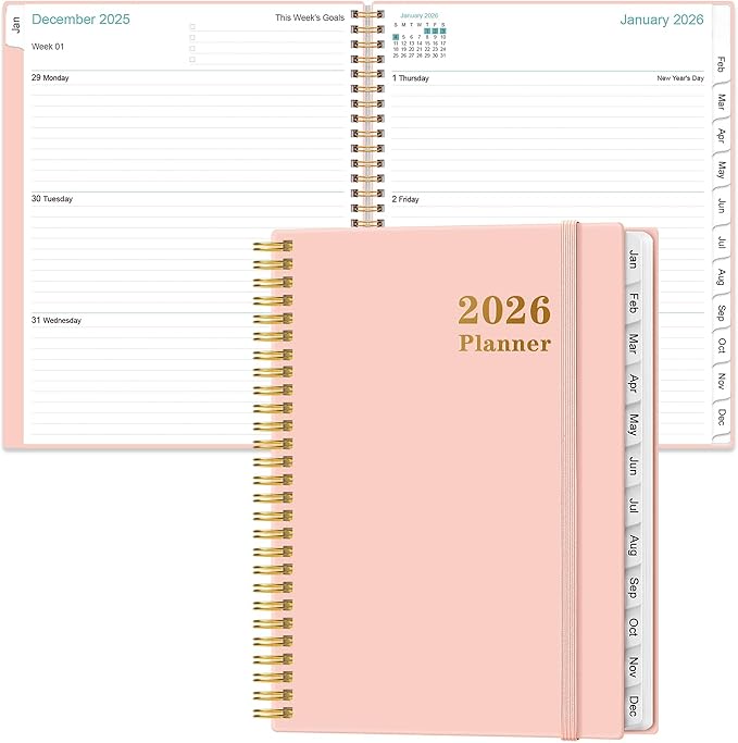 Planner 2026 For Women & Men - Monthly and Weekly Calendar Planner from January 2026 - December 2026, Student Planning with 12 Tabs for Office School Supplies, Inner Pocket, 8.5" x 11", Pink