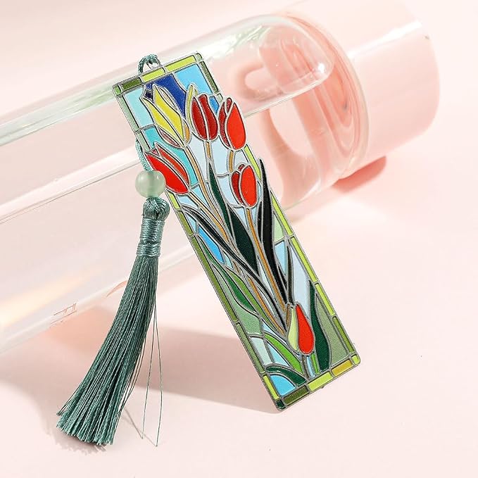 Elegant Tulip Flower Bookmark with Tassel for Women Lady - Metal Brass Book Mark for Book Lover Gifts, Studying Reading Supplies Books Accessories Collection