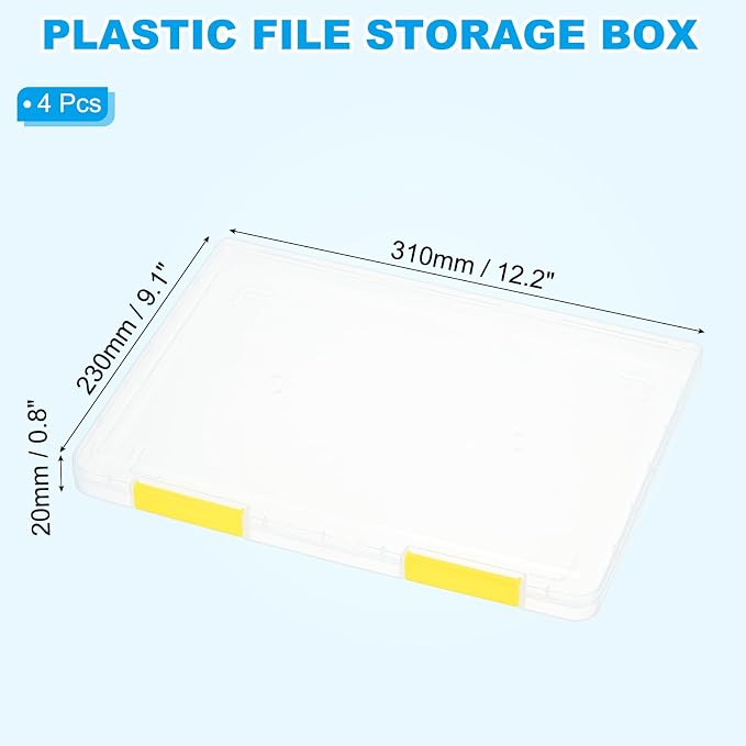 PATIKIL Clear A4 File Portable Project Case with Buckle Plastic Storage Box for 8.5" x 11" Letter Paper Scrapbook Paper Storage Boxes, 4Pcs, 12.2"x9.1"x0.8", Yellow