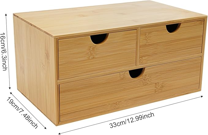 Desk Organizer, Office Vanity Bamboo Desk Organizer, Mini Bamboo Desk Drawer Tabletop Storage Box with 3 Drawer Night Stand Table Organizer for Makeup Vanity Office Supplies (3 Drawer, 2 Top+1 Bottom)