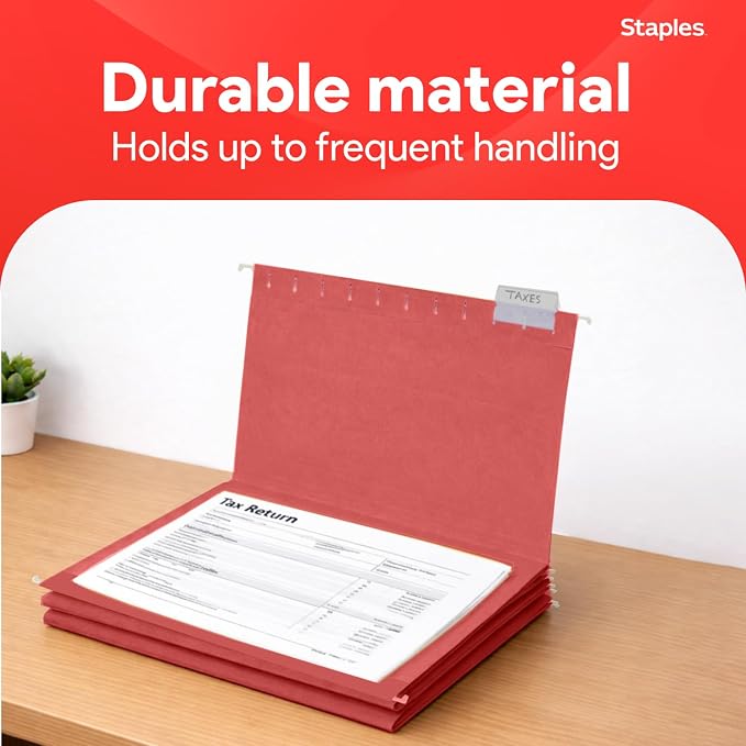 Staples Hanging File Folders, Letter Size, Red, 1/5‑Cut Tabs, Tear‑Resistant Durable Construction – 25/Pack