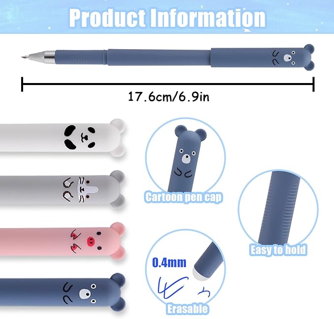 RIANCY 0.4mm Erasable Gel Pens,12 Pack Cute Cartoon Animal Rollerball Gel Ink Pens Refillable Pens for Adult Writing Kids Calligraphy Note Taking (12 Blue Ink)