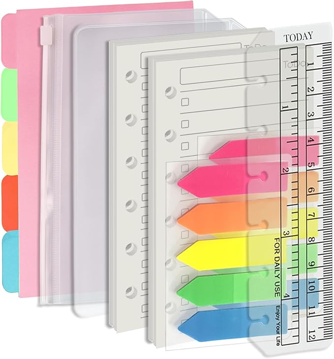 Harphia A7 6 Holes Binder Refill Value Set, 90sheets to do list loose leaf paper with sticker and divider, todo planner insert with binder pocket for A7 binder 6 holes refillable notebook,005dA7todo