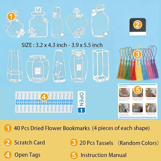 YCOSAN 62 Pcs Dried Flower Bookmark Kit, DIY Transparent Thousand Flower Bookmarks, Handmade Clear Bookmark Page