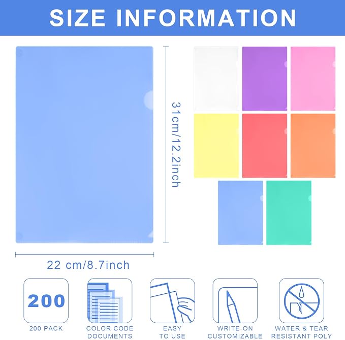 Fainne 200 Pcs Plastic Document Folders Clear File Folders Plastic Pockets Sleeves Letter Size 8.7 x 12.2 Inches A4 Assorted Colors for Office Supplies (Fresh Color)