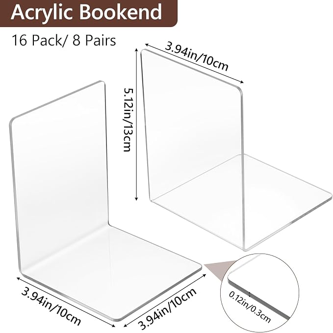 16 Pcs Clear Acrylic Bookends, Heavy Duty L Shaped Dividers for Shelves, Organizer for Books Movies CDs, for Home Office Library, 5.1x3.9x3.9 Inches