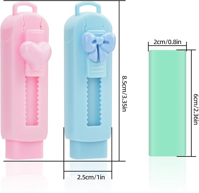 CEYAZYE 12PCS Sliding Retractable Pencil Erasers, Cute Push-Pull Rubber Eraser with 8 Plastic Sleeve & 4 Refills, Expandable Pen Eraser, Home School Supplies for Students Artists